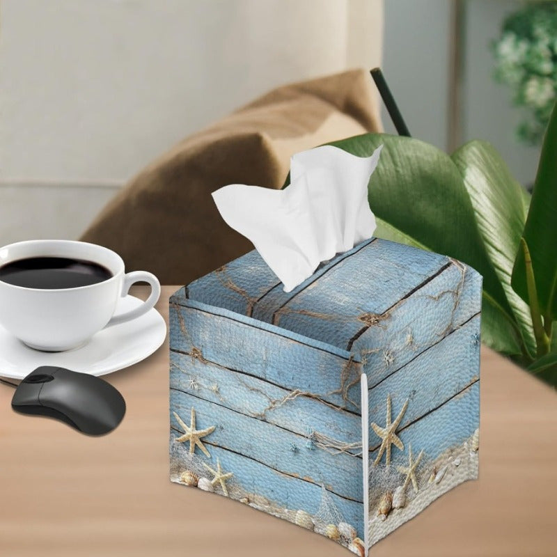 Nautical Starfish & Shells Tissue Box Holder - High Quality PU Leather Square Cube Organizer with Blue Coastal Design, Fits Standard Tissues, Decorative Storage for Bathroom, Bedroom, Office & Beach House - Ideal Housewarming Gift