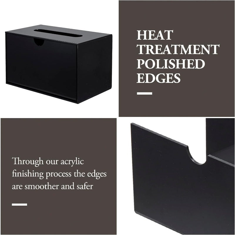 Modern Black Acrylic Rectangular Tissue Box Cover with Slide-Out Holder & Refillable Napkin Dispenser - Space-Saving Bathroom Vanity Organizer, Hygienic One-Touch Operation, Durable Countertop Storage for Home or Office - Minimalist Design, Easy