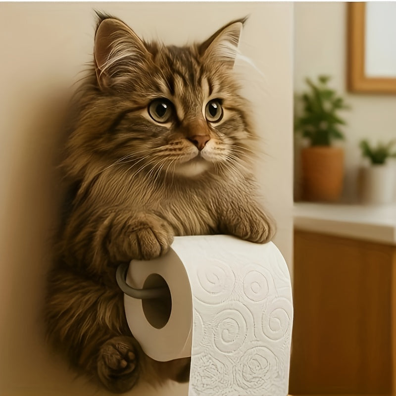 1pc Cute Cat Tissue Box with Tabby Cat Design - Self-Adhesive Toilet Paper Holder & Storage Box, No Tools Needed, Strong Adhesive for Bathroom, Kitchen, Living Room - Space-Saving Modern Home Decor with Gray, Orange, Black & White Tabby Cats - Perfect