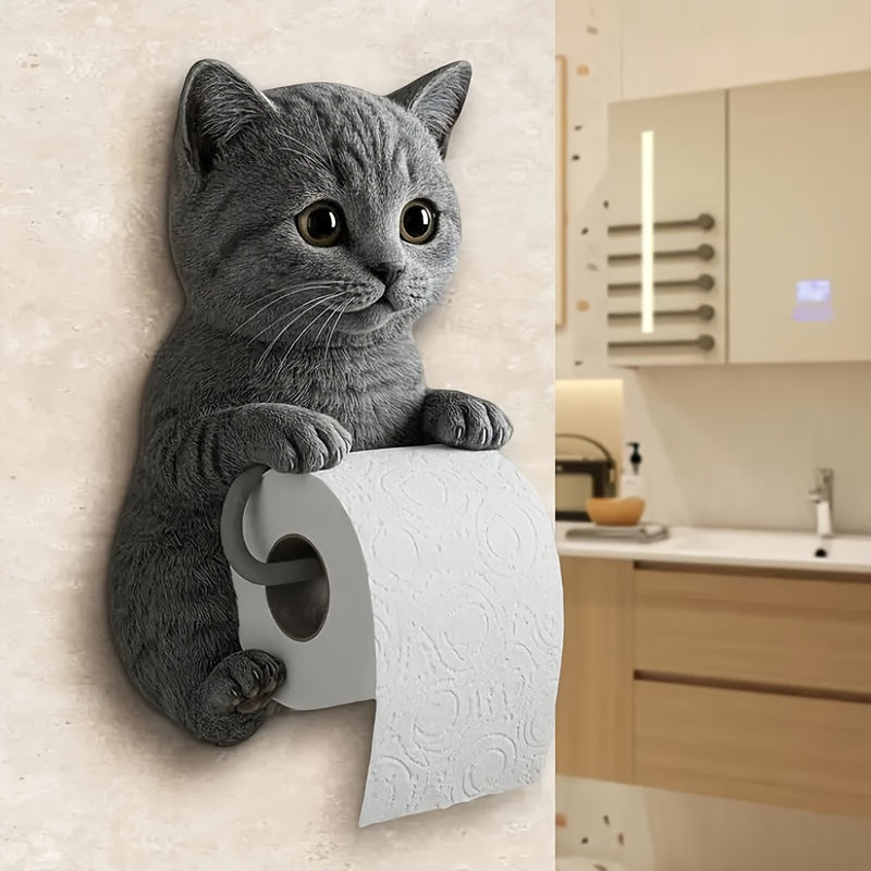 1pc Cute Cat Tissue Box with Tabby Cat Design - Self-Adhesive Toilet Paper Holder & Storage Box, No Tools Needed, Strong Adhesive for Bathroom, Kitchen, Living Room - Space-Saving Modern Home Decor with Gray, Orange, Black & White Tabby Cats - Perfect