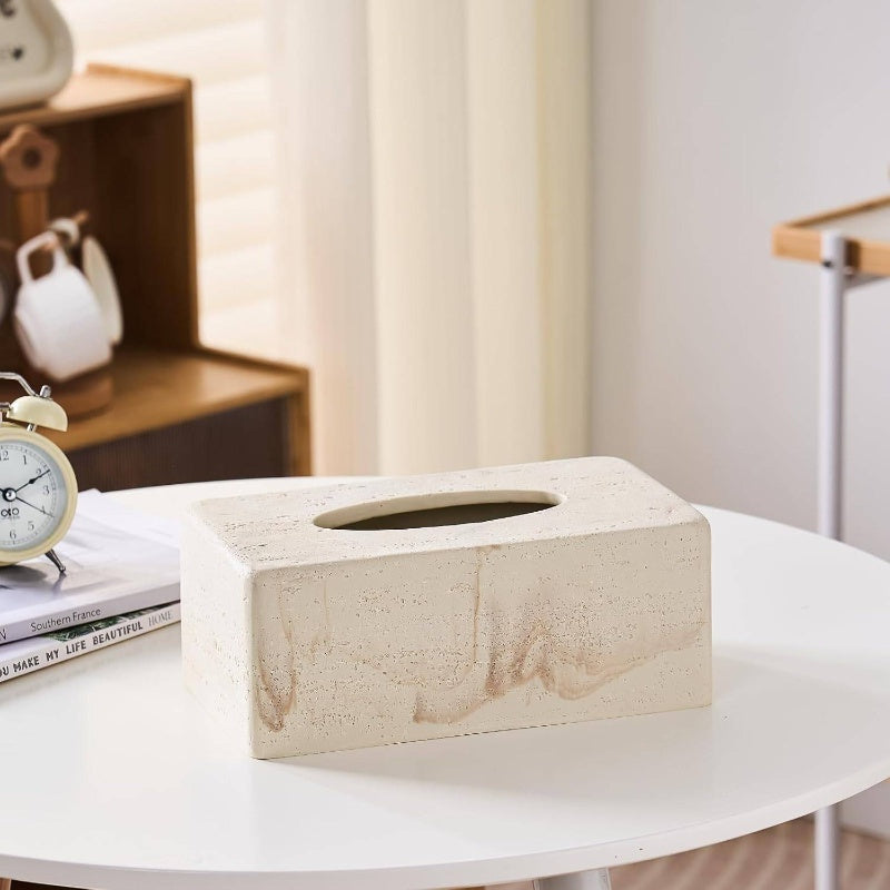 Natural Travertine Textures Tissue Box Cover - Heavy-Duty Resin Rectangular Bathroom Countertop Organizer, 4-Inch Height, Beige Marble Design for Home Decor, Office, or Bedside Table, Durable & Stylish Storage Solution, Bathroom Decor And Accessories,