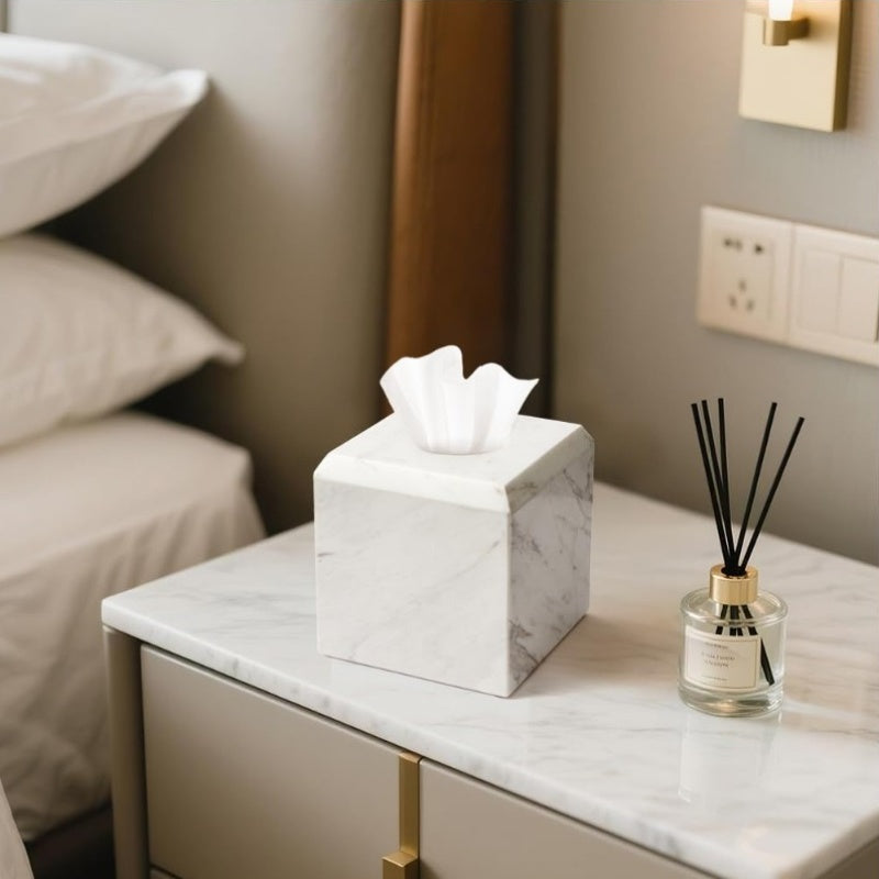 Italy Natural Marble Tissue Box Cover - Heavy-Duty Square Marble Toilet Paper Holder with Marble Pattern in White & Grey, Minimalist Modern Design for Bathroom, Living Room, Bedroom, Kitchen, Office - Durable Elegant Tissue Dispenser, Decorative Storage